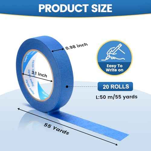 Blue Painters Tape, 20 Rolls Paint Tape 1 Inch Wide (0.98 in. x 55 Yds) Blue Masking Tape Protects Surfaces, Painter's Tape for Indoor and Outdoor Use, Easy Removal (20PCS)