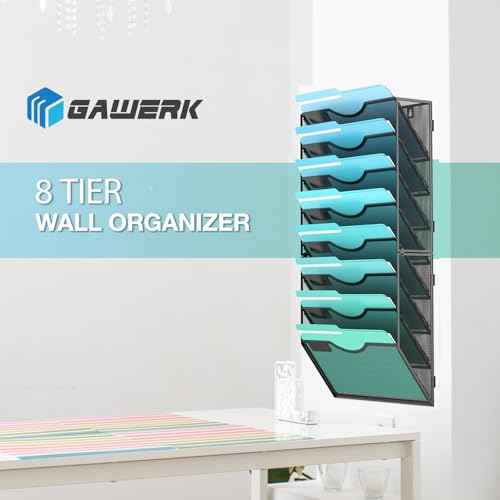 8-Tier Wall File Organizer Hanging Wall File Holder Wall Mount Paper Folder Organize, Mesh Magazine Document Mail Organizer Wall Organizer for Office School Home, Black