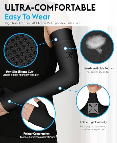 KEKING Lymphedema Compression Arm Sleeve with Gauntlet for Women Men, 20-30 mmHg Medical Graduated Compression Arm Brace, Full Arm Support Brace for Pain Relief, Arthritis, Swelling, Single Black 3XL