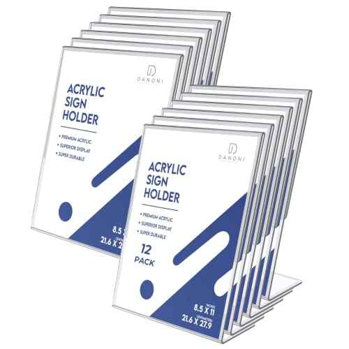 Clear Acrylic Sign Holder - 12Pack 8.5x11'' Flyer Document Brochure Display Holder with Vertical Slant Back for Office Desktop - Plastic Paper Holders for Restaurant Tabletop