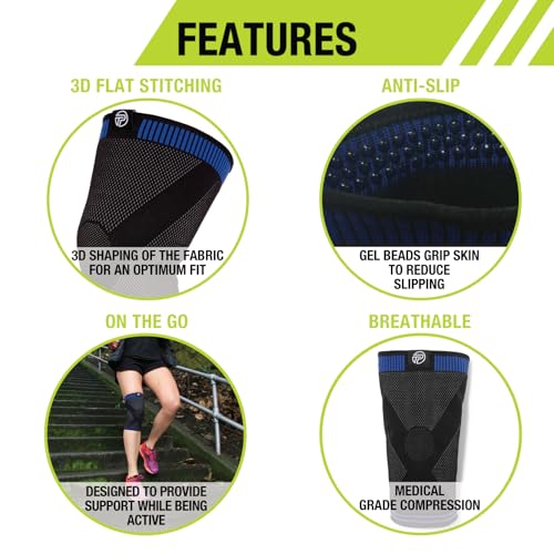 Pro-Tec Athletics 3D Flat Knee Support, Advanced Flat Knit Technology for Custom Fit, Breathable Multi-Directional Stretch Fabric, Non-Slip Gel for Enhanced Stability, Full Motion, Large, Blue/Black
