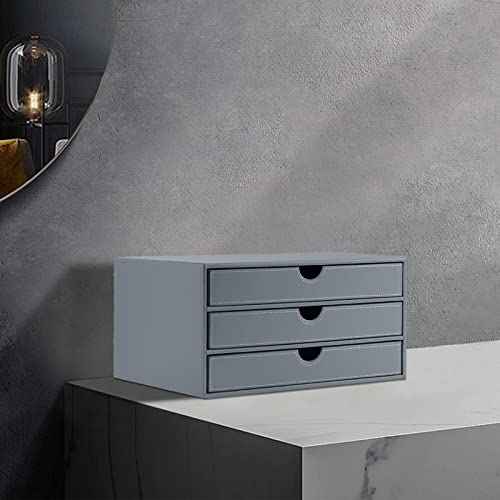 PU Leather Desk Organizer with 3 Drawers,Executive Office Supplies Desktop Filing A4 File Cabinet/Holder for Jewelry/Bill/Paper/Documents/Makeup Home Decor Stationery Storage Box,Grey
