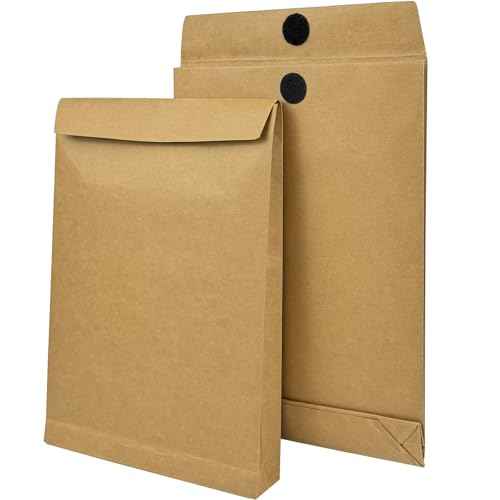 50 Pack Expandable Large Kraft Envelopes, 9.3" x 13" Big Mailing Envelopes Hook-and-Loop Closure Anti Tear Catalog Envelopes for Business Office Paper Documents File Storage - Brown