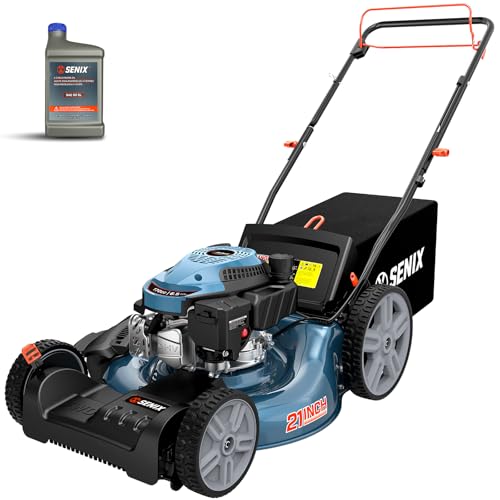 SENIX 21'' Self-Propelled Gas Lawn Mower, 170 cc 4-Cycle Engine 3.8 HP, 3-in-1 (Bagging/Mulching/Side Discharge), 6-Position Cutting Height Adjustment, 1.7 Bushels Grass Bag
