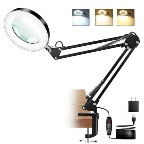 10X Magnifier Lamp with Clamp, 15" Adjustable Arm LED Desk Light with Real Glass Lens, 3 Color Modes, Bright Dimmable Lighting for Repair, Model Painting, Sewing, Reading