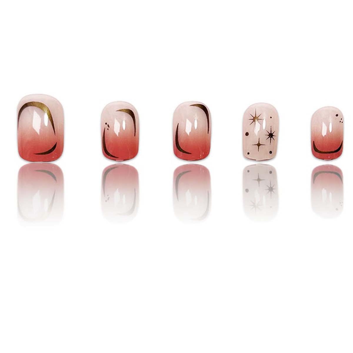 24pcs Gold Star Press On Nails Square Fake Nails Moon With Gradient Design Full Cover Acrylic Glue On Nails Short Stick On Nails For Women Reusable Nail Art Supplies