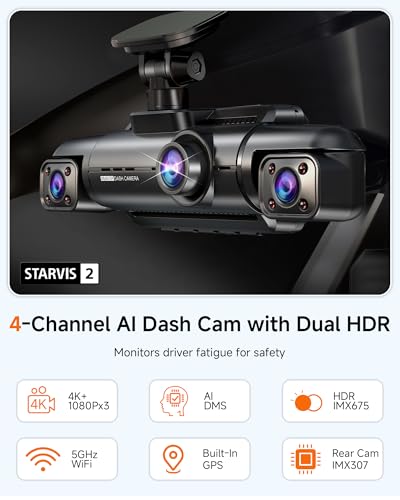 4K STARVIS 2 Dash Cam Front and Rear, 360° 4 Channel Dash Camera for Cars, Car Video Recorder with AI Driver Monitor System, Free 64GB Card, 5GHz WiFi GPS, WDR Night Vision HDR,24H Parking Mode(N900)
