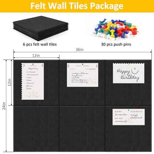 Bulletin Board, 36"¡¿24" Felt Wall Tiles, 6 Pack Cork Boards for Office, Large Black Corkboard for Office Home (with 30 Pcs Push Pins) (Black)
