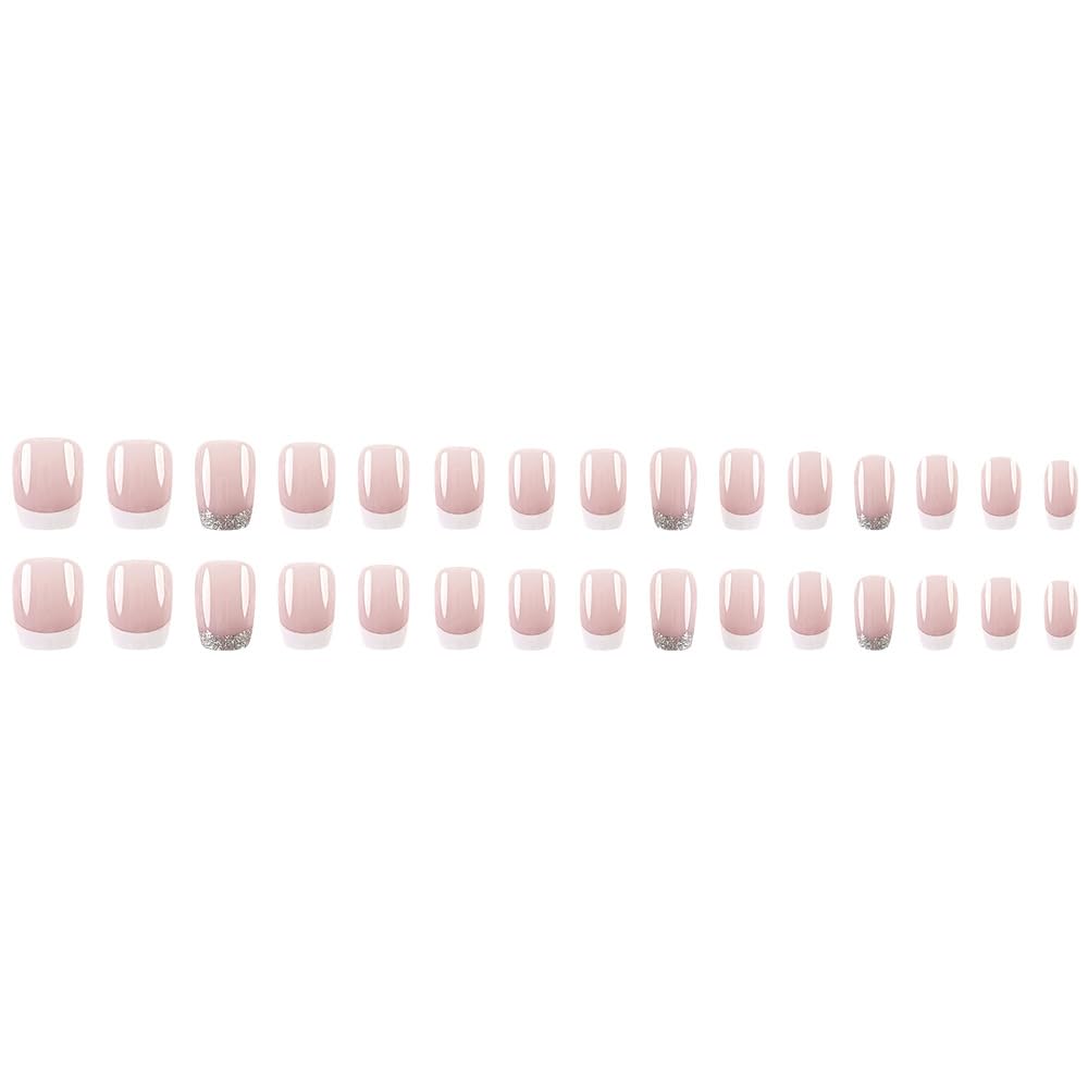 24Pcs White French Tip Press on Nails Short Square Fake Nails with French Glitter Designs Glossy Nail Tips Cute Full Cover Acrylic Nails Artificial Nude False Nails Natural Glue on Nails for Women