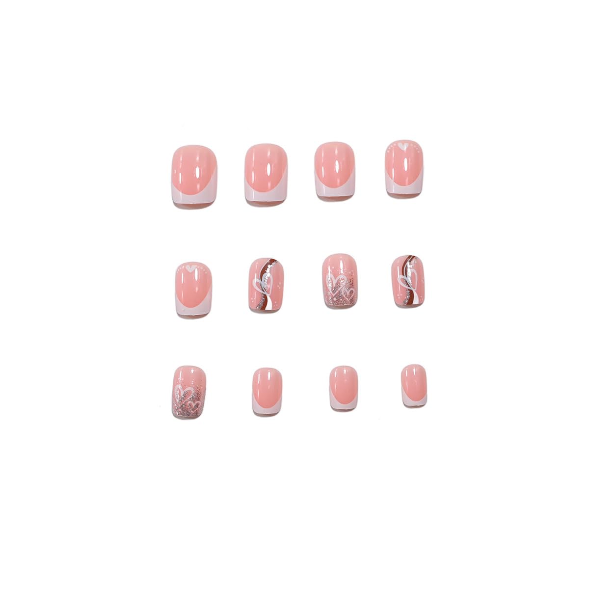 Teilihai White French Tip Press on Nails Short Square Fake Nails with Glitters Line Heart Design Glossy Glue on Nails Pink Nail Tips Full Cover False Nails Artificial Acrylic Nail for Women 24Pcs