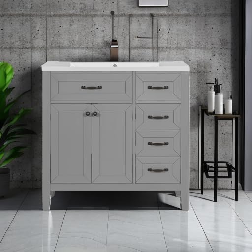 36" Bathroom Vanities with Sink Set Combo, Cabinet with 3 Drawers and 2 Soft-Closing Doors, Solid Wood Frame & MDF Board