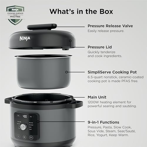 Ninja HyperHeat 9-in-1 6.5-qt Pressure Cooker | Steams, Slow Cooks, Sears, Sautés, Sous Vide, Yogurt & More | With SimpliServe Pot | Powerful 1200-Watt | Grey | PC201GY