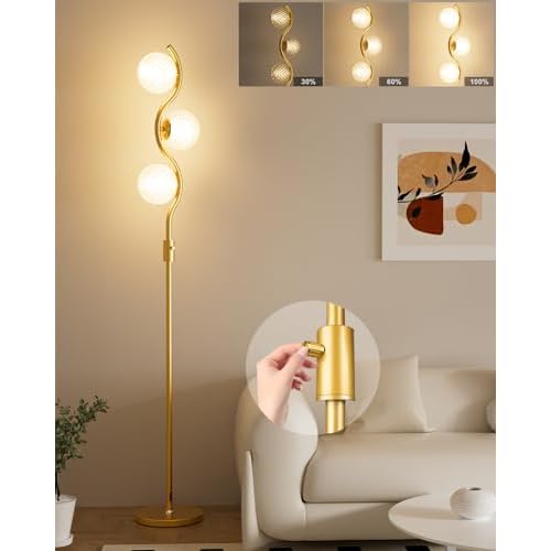 60IN Dimmable Gold Standing Lamps, Ice Crystal Modern Floor Lamp with 3000K G9 Bulbs Included, Mid Century Vintage Globe Floor Lamp for Living Room