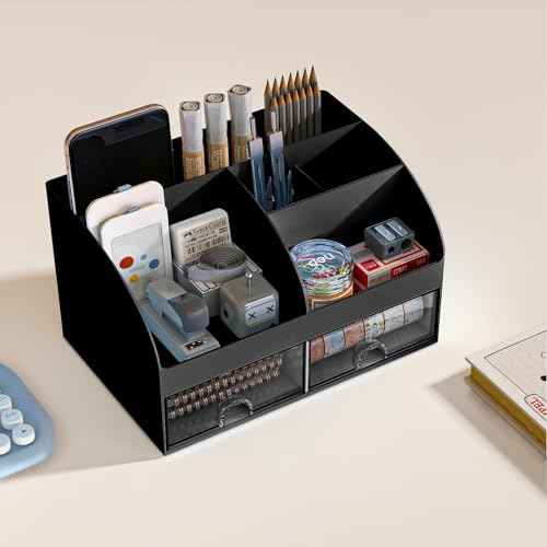 Desk Organizer with 6 Compartments and 2 Drawers, Plastic Makeup Organizer, Pen Holder for Desktop Storage, Desk Organization for School, Home, Office Supplies (Black)