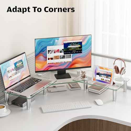 Hemudu Dual Monitor Stand -Adjustable Length and Angle Dual Monitor Riser, Desktop Organizer for PC, Computer, Laptop (Clear)
