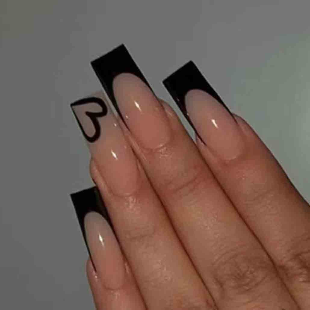 Foccna Black Press on Nails Artificail Extra Long, Coffin Fake Nails with LOVE Acrylic Full Cover Long Fake Nails with Design Nail Tips for Women&Girls,24PCS