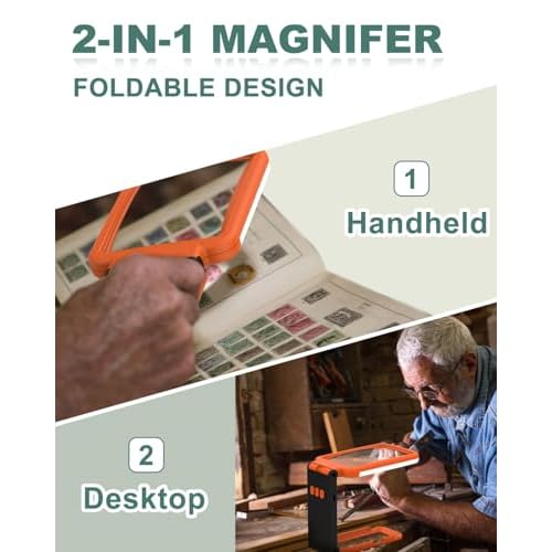10X Magnifying Glass with Light and Stand, Rechargeable Folding Handheld Real Glass Magnifier, 3 Color Modes Dimmable Lighted Page Magnifier for Reading Small Prints, Seniors with Macular Degeneration