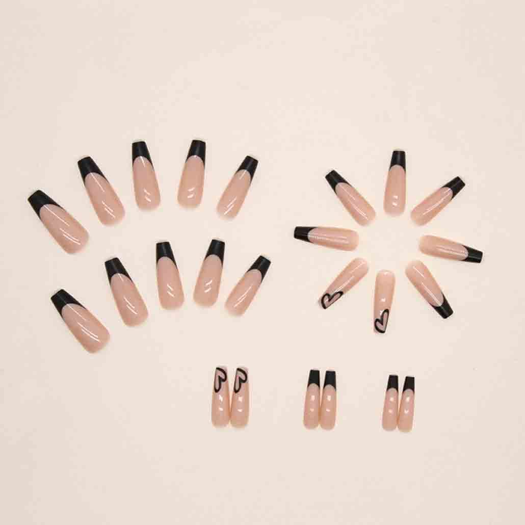 Foccna Black Press on Nails Artificail Extra Long, Coffin Fake Nails with LOVE Acrylic Full Cover Long Fake Nails with Design Nail Tips for Women&Girls,24PCS