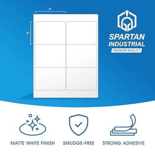 4" X 3" Matte White Printable Labels Compatible with Inkjet and Laser Printers - 500 Sheets, 3000 Total Paper Stickers for Shipping, QR Codes, and Barcodes - Spartan Industrial Template R021