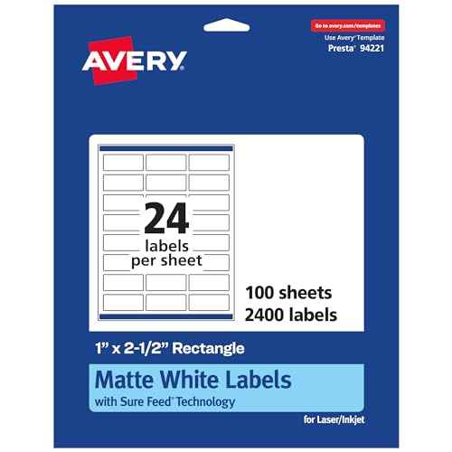 Avery Matte White Rectangle Labels, Sure Feed Technology, 1" x 2.5", 2,400 Matte White Printable Labels
