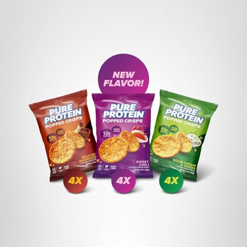 Pure Protein Popped Crisps - Variety Pack: Hickory Barbecue, Sour Cream & Onion, Sweet Chili - 12g Plant Based Protein, Gluten Free, Non GMO, Vegan, Air Popped & Puffed Crisps – Healthy Protein Snacks – 12 Pack
