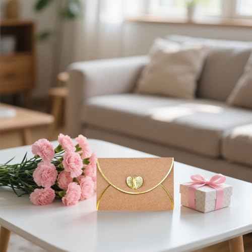 30 Pcs Mini Envelopes With Gold Heart Shaped Clasp, Mini Envelopes With Blank Cards For Wedding Birthday Greeting Cards Graduation£¨4.13 x 2.76 inch£©
