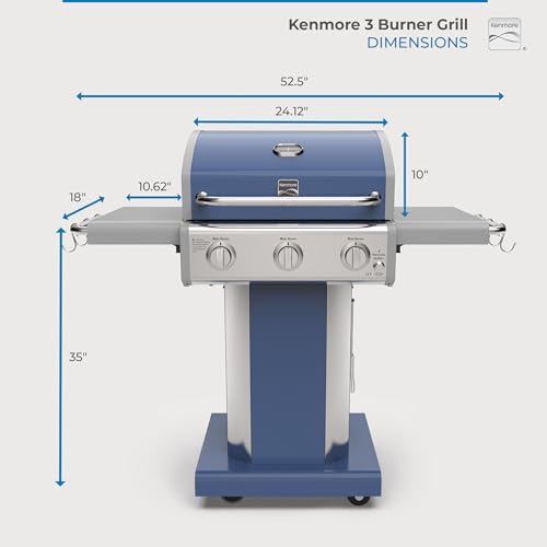 Kenmore 3-Burner Propane BBQ Grill, 30,000 BTUs Gas Grill with Cast Iron Cooking Grates, Folding Side Tables & Wheels, Outdoor Grill with Tool Hooks, Azure Blue