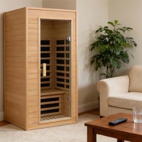 Kanlanth 1 Person Infrared Sauna, Low EMF FAR Infrared Saunas for Home, 1200 watt Canadian Hemlock Indoor Sauna Room with LED Reading Lamp, LCD Display Control, Blue-Tooth Audio