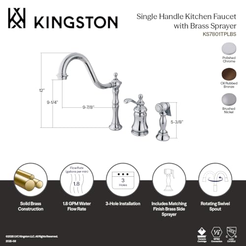 Kingston Brass KS7805TPLBS Templeton Widespread Kitchen Faucet with Brass Sprayer, Oil Rubbed Bronze, 8-Inch Center , Oil-Rubbed Bronze