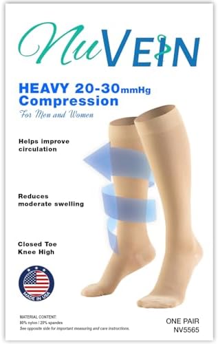 NuVein Medical Compression Stockings, 20-30 mmHg Support for Women & Men, Knee Length, Closed Toe, Black, Large