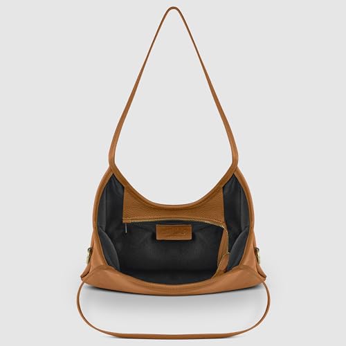 Italian Calf Leather Tote Bag for Women with Zipper & Adjustable Strap | Medium Pebbled Soft Shoulder Handbag (Brown)