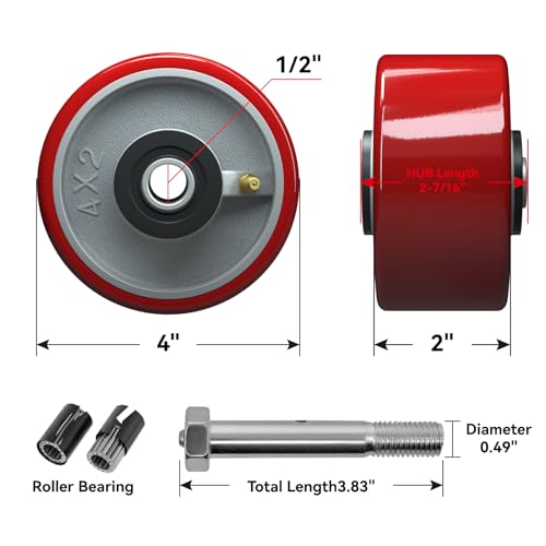 4 inch Caster Wheels Heavy Duty, Polyurethane on Steel Wheel, 1/2" Bore - Set of 4 Replacement Caster Wheel with 3200 lbs Capacity (4 PACK)
