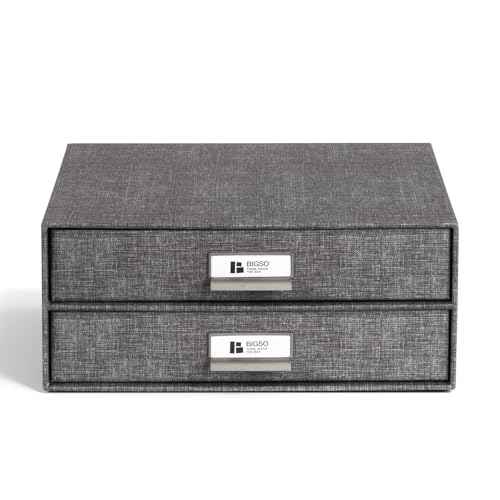 Bigso Birger 2-Drawer Canvas Fiberboard Easy Pull Handle Box - Desktop Drawers for A4 and Letter Size Papers - Desk Drawers with Metal Label Holder - 13.1in x 10in x 5.7in - Melange Grey