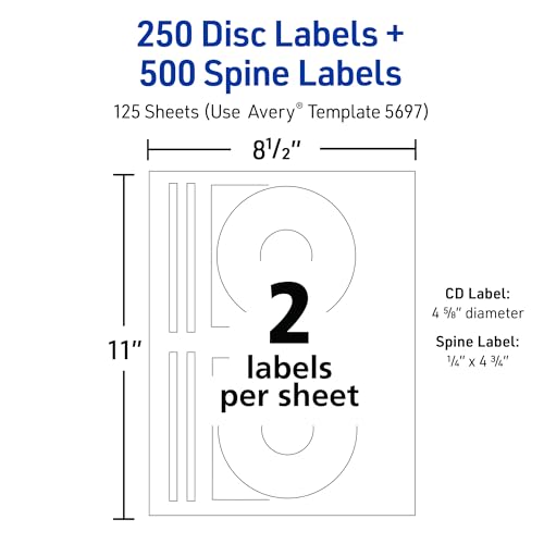 Avery Printable CD Labels, Matte White, Permanent Adhesive, Laser Printer Compatible, 250 Disc & 500 Spine Labels, Ideal for DVDs, PC Discs, Media Projects & More (5697)