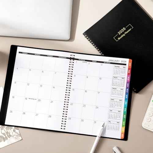 2026 Monthly Planner - 2026 Planner, 12 Monthly Planner/Calendar, Jan. 2026 - Dec. 2026, 8.86" x 11.4", Colorful Tabs, Faux Leather, Pocket, Note Pages, Twin-Wire Binding