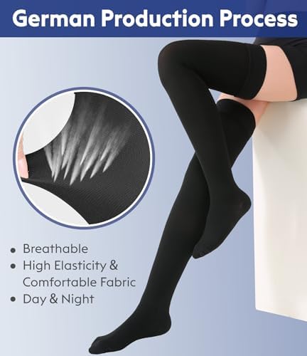 Thigh High Compression Stockings Closed Toe for Men & Women, Opaque, KEKING 15-20mmHg Graduated Compression Leg Support Hose with Silicone Band - Swelling, Varicose Veins, Edema, DVT, Black Small