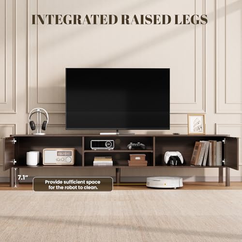 IKALIFE TV Stand for Living Room - Fits up to 80 Inch TVs, Rattan Media Console Table with Adjustable Shelves & 2 Storage Cabinets, Mid-Century Modern Entertainment Center, Walnut 71"