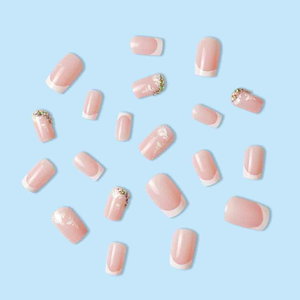 Foccna Pink Press on Nails Medium, Bling White Fake Nails Square Acrylic False Nails,French Artificial Nails for Women and Girls,24 pcs