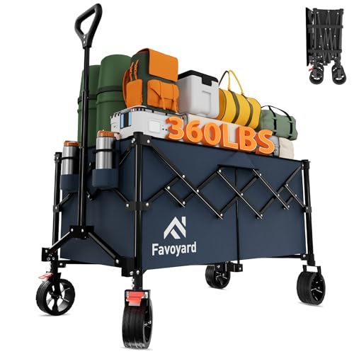 Favoyard Extra Large Collapsible Wagon Carts Foldable 360LBS Heavy Duty Beach Wagons with Big Wheels & Brakes Portable Folding Cart for Shopping Grocery Utility Sports Garden Camping Outdoor, Blue