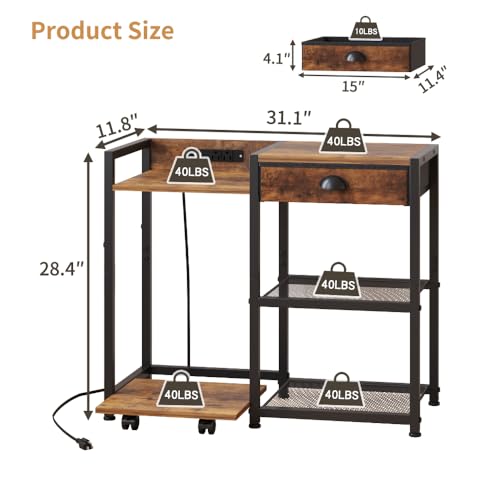 ZIWEI STAR Printer Stand with Storage Drawer,Printer Table with USB Port, 3 Tier Shelf, Base Stand with Wheels.Printer Cabinet for Home and Office.Brown