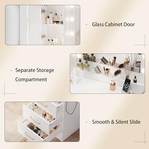 lertrugs Makeup Vanity Desk with Mirror and Lights, 51”Makeup Vanity Table with Lighted Mirror, Nightstand Dressing Table with Mirror and Lights, Big Vanity with 6 Drawers & Lots Storage Space White