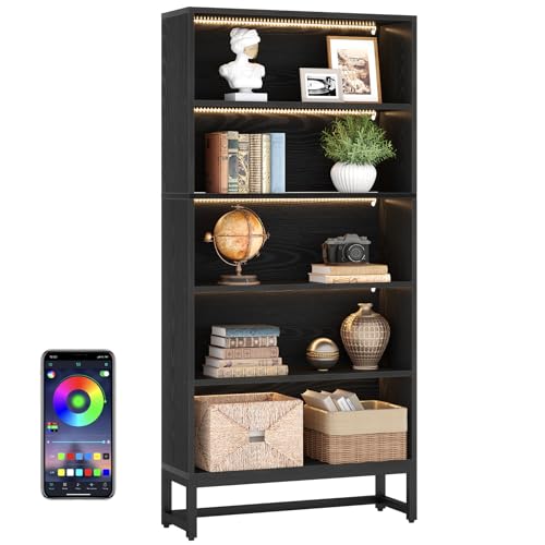 Tribesigns Tall Bookcase Black Bookshelf, 70.8” Large Bookcases Organizer with LED Lights, Heavy Duty Free-Standing Library Bookshelf with 5-Tier Storage Shelves for Living Room, Bedroom (Black)