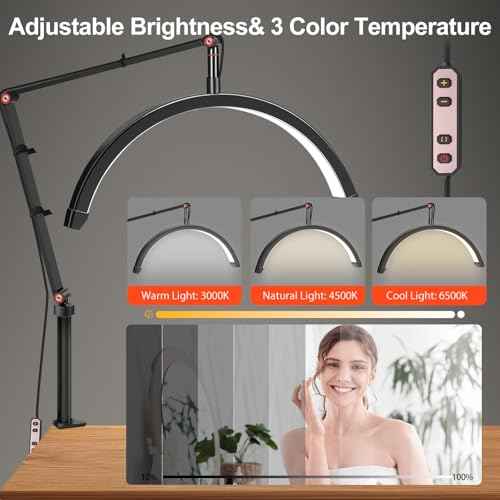 Professional LED Desk Lamp, Half Moon Light for Desk with Clip&Phone Holder, Esthetician Light with Adjustable 10-Level Dimming & 3 Color for Work,Office,Makeup,Nail Salon,Tattoo,Craft (Black)