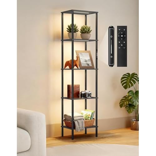 5 Tier Tall Display Shelves with LED Lights, Touch & Remote Control, Dimmable Display Cabinet, Open Bookshelf with 3 Color Temperature, Timer for Living Room, Bedroom, Home Decor(Black)