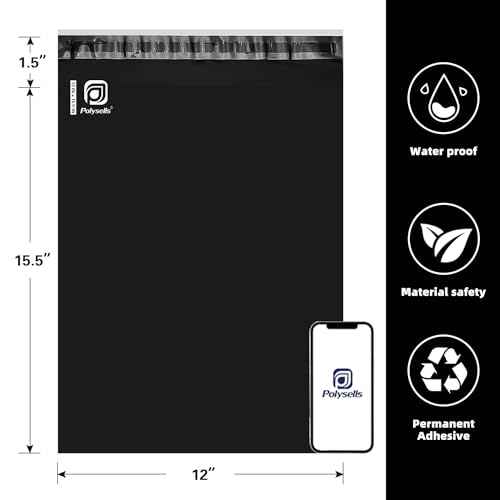 POLYSELLS 500 pcs 12x15.5 Inches Black Poly Mailers Shipping Envelopes, Strong Adhesive Sealing, Waterproof, and Tear-resistant Postal Mailing Bags for Clothing, Books, and Accessories