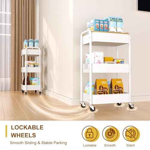 3 Tier Metal Utility Cart, Rolling Storage Cart with Wooden Tabletop, Metal Organizer Cart with Lockable Wheels for Office, Bedroom, Kitchen and Living Room (White)