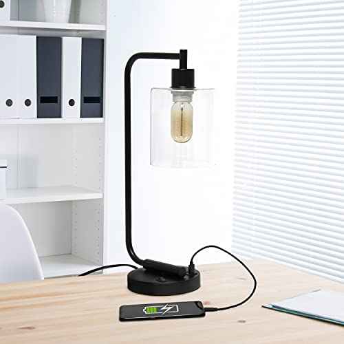 Simple Designs LD1066-BLK-LB Industrial Vintage Bronson Iron Lantern Desk Table Lamp with USB Port and Glass Cylinder Shade for Office, Living Room, Bedroom, Black, with Feit LED Bulb Included