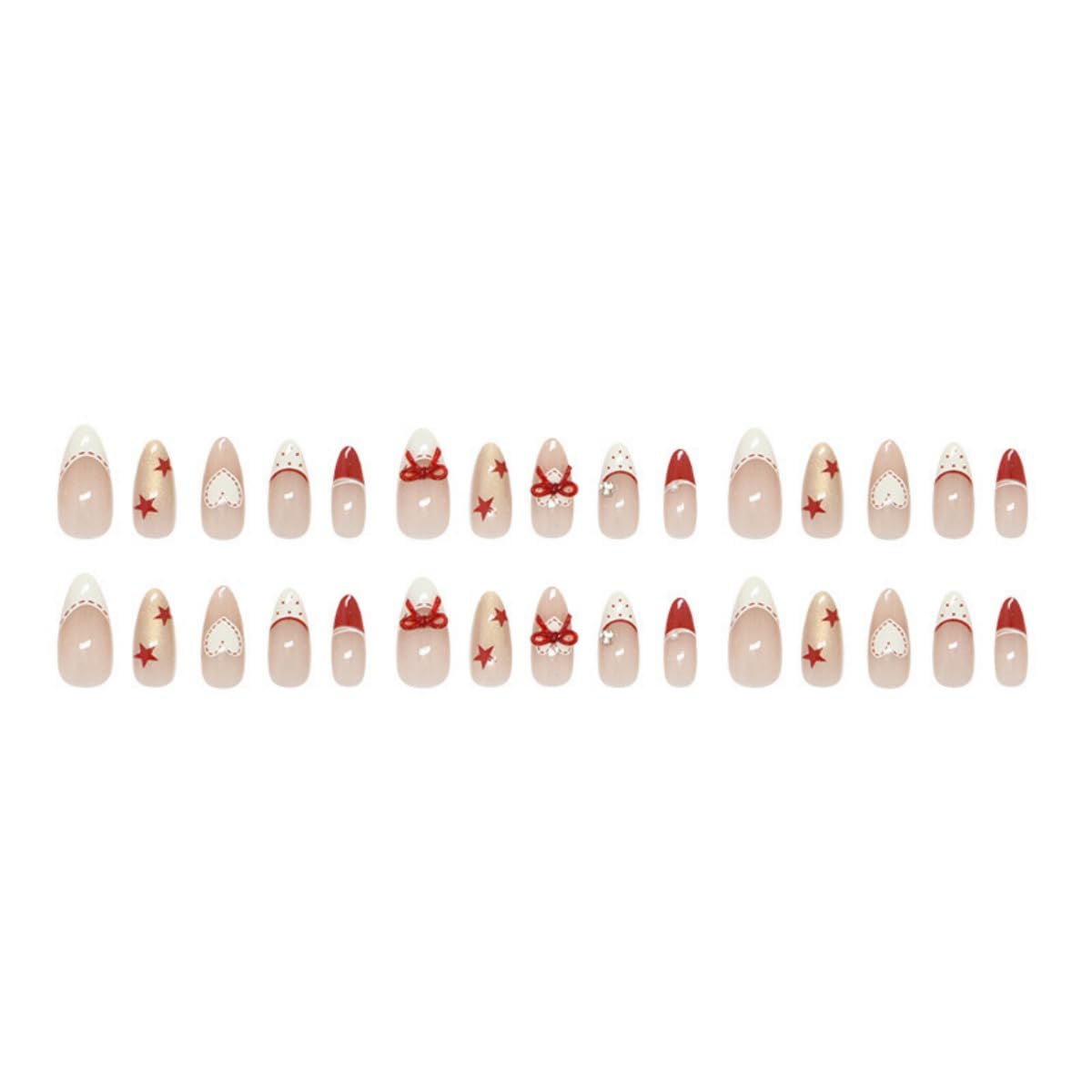 French Tip Press on Nails Medium Almond Fake Nails with Glue Nude Glitter Glossy Acrylic Nails Design Star Heart Bow Rhinestones Design False Nails for Women Manicure Decoration 30PCS