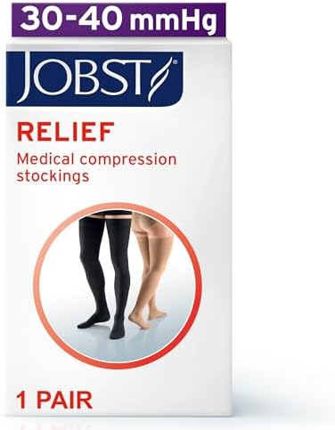 JOBST Relief Thigh High Open Toe Compression Stockings, High Quality, Unisex, Extra Firm Legware with Silicone Band for Easy Donning, Compression Class- 30-43
