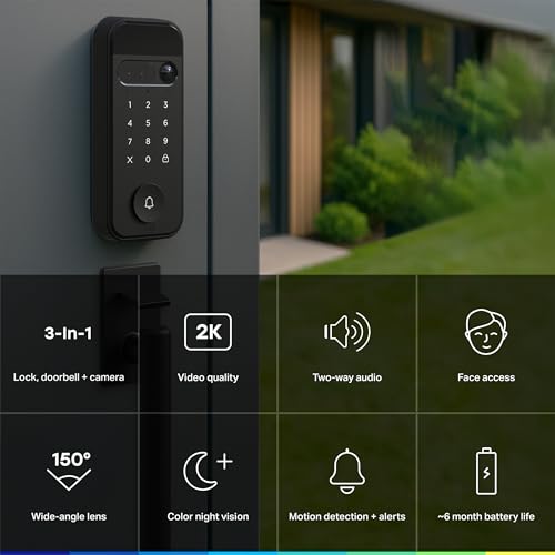 myQ Secure View™ 3-in-1 Smart Lock with 2K HDR Video Doorbell Camera, Face Access, Fingerprint Access, PIN & App Control — Intelligent Entry with Built-in Camera, Color Night Vision & Two-Way Audio